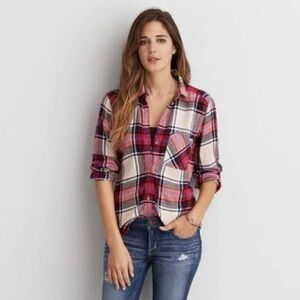 American Eagle Oversized Classic Boyfriend High Low Fit Flannel Women's Size XS